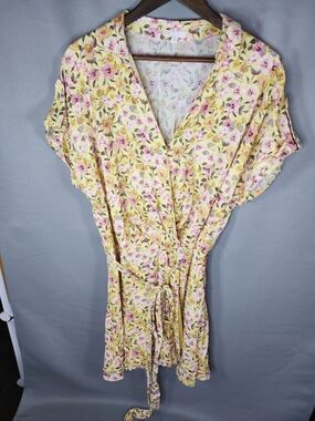 Gianni Bini Yellow Floral Wrap Dress with Pink Blooms